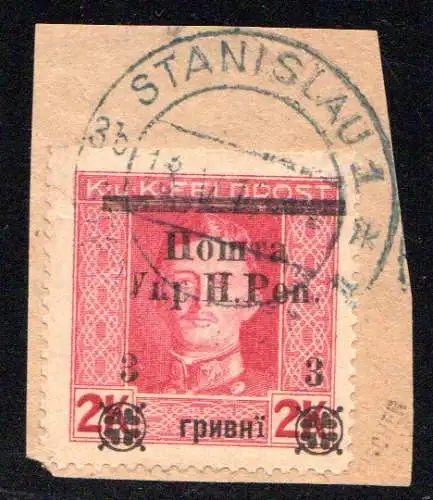 Westukraine 83, 3 G./2 Kr. auf sauberm Briefstück m. Stpl. Stanislau 1