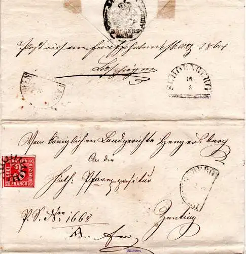 Bayern 1864, breitrandige 3 Kr. auf Brief m. MR 195 v. Hengersberg n. Zenting