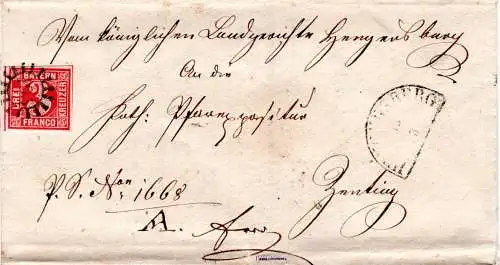 Bayern 1864, breitrandige 3 Kr. auf Brief m. MR 195 v. Hengersberg n. Zenting