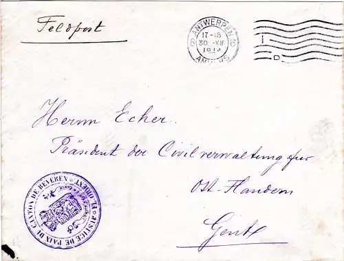 Belgien 1914. Feldpost Brief v. Antwerpen m. Briefstempel Justice De Paix