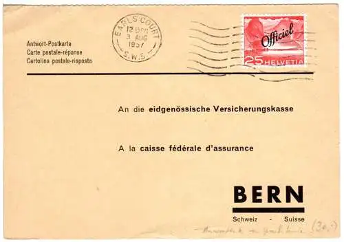 Schweiz 1957, EF 25 C. Dienstmarke, Auslandsverwendung auf Antwortkarte v. GB