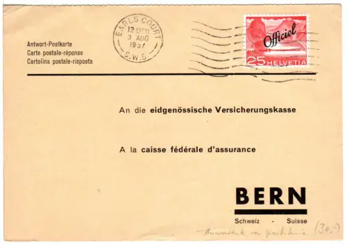 Schweiz 1957, EF 25 C. Dienstmarke, Auslandsverwendung auf Antwortkarte v. GB