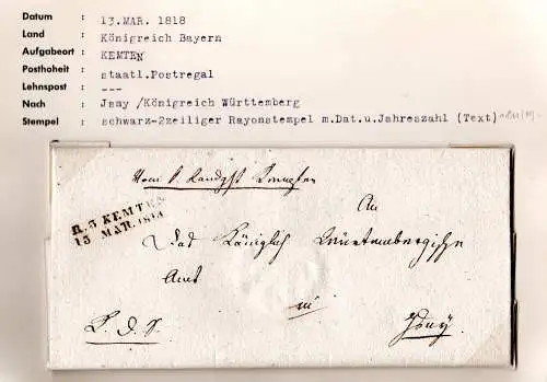 Bayern 1818, L2 KEMTEN (Kempten) auf Dienst Brief n. Isny