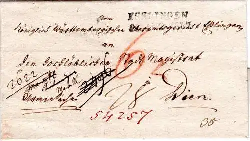 Württemberg 1837, L2 ESSLINGEN auf Armensache Brief nach Wien, Österreich