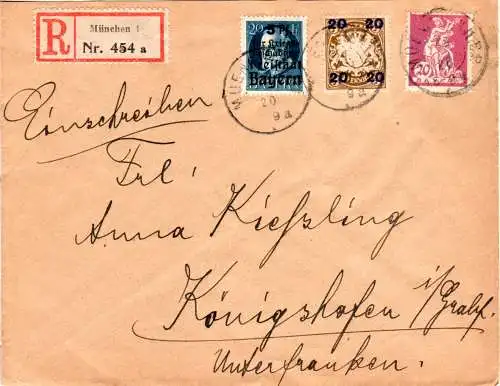 Bayern 1920, 3 versch. 20 Pf. Marken auf Einschreiben Brief v. München