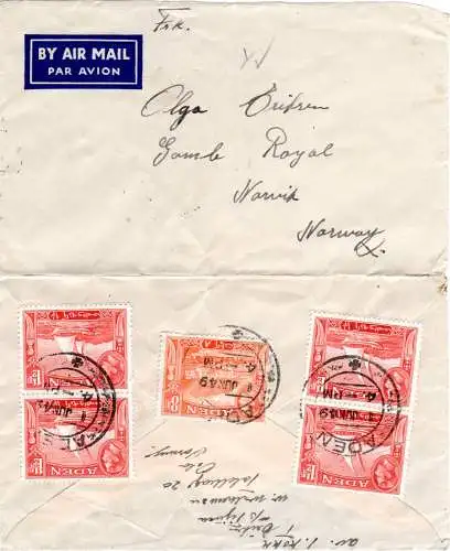 Aden 1949, 5 stamps on backside of Air mail cover to Narvik, Norway