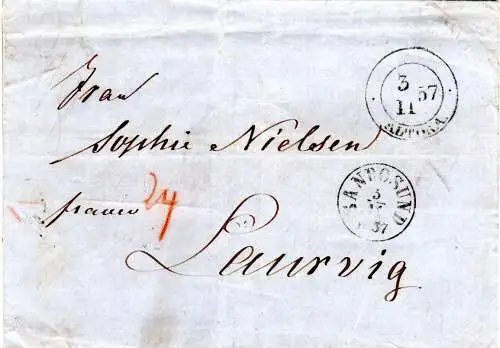 Schleswig-Holstein/Dänemark 1857, apt. K2 Altona auf Franko Brief n. Norwegen