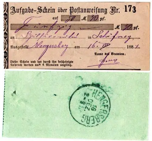 Bayern 1884, Aufgabe-Schein über Postanweisung, Postschein v. Hengersberg