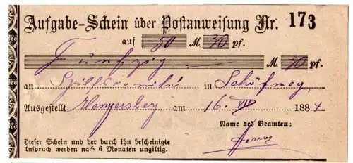 Bayern 1884, Aufgabe-Schein über Postanweisung, Postschein v. Hengersberg