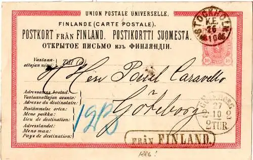 Finnland 1886, Schiffspostkarte v. Abo m. R1 Fran Finland u. Stpl. Stockholm.