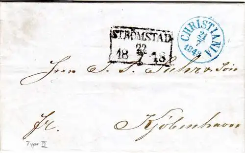 Norwegen 1848, K1 Christiania in blau auf Frankobrief n. Dänemark via Schweden