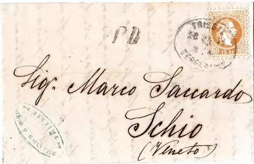 Österreich 1874, 15 Kr. auf Brief m. PD-Stpl. n. Schio (Veneto)