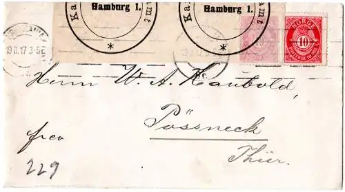 Norwegen 1917, 2x10 öre auf Brief v. Kristiania m. Hamburg Zensur n. Thüringen