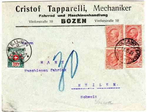 Italien 1921, 4x 10 C. auf Firmenbrief v. Bozen m. Schweiz Portomarke