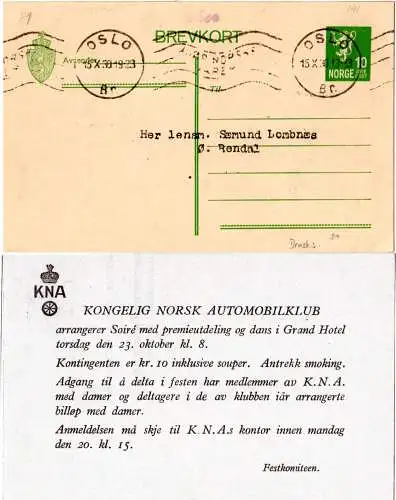 Norwegen 1930, 10 öre Ganzsachenkarte v. Oslo m. rücks. Automobilklub Zudruck