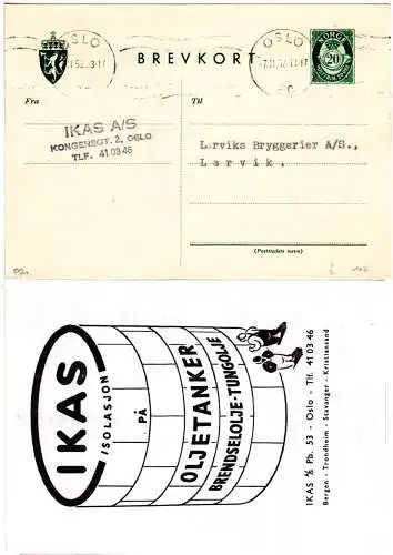 Norwegen 1952, 20 öre Ganzsachenkarte v. Oslo m. illustriertem Firmen Zudruck