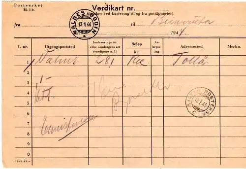 Norwegen 1944, Postschein Verdikart v. Valnes i Bodin m. Schiffspost-Stempel