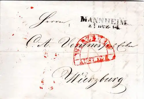 Baden 1844, L2 Mannheim auf Porto Brief m. rotem HKS WÜRZBURG AUSLAGE