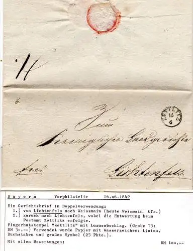 Bayern 1842, Fingerhutstpl. ZETTLITZ u. HKS Lichtenfels auf 2mal verw. Faltbrief