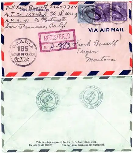 USA 1942, 3 Marken auf Army Postal Service Reko Zensur Brief v. San Francisco