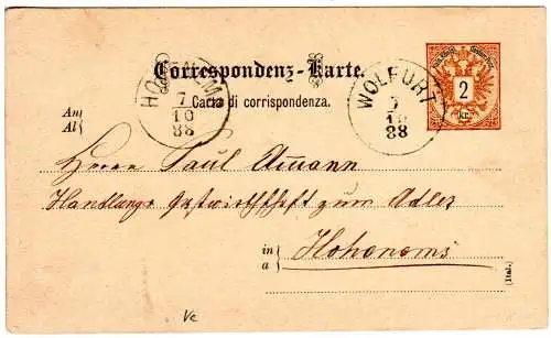 Österreich 1888, Vorarlberg-K1 WOLFURT klar auf 2 Kr. Ganzsache n. Hohenems