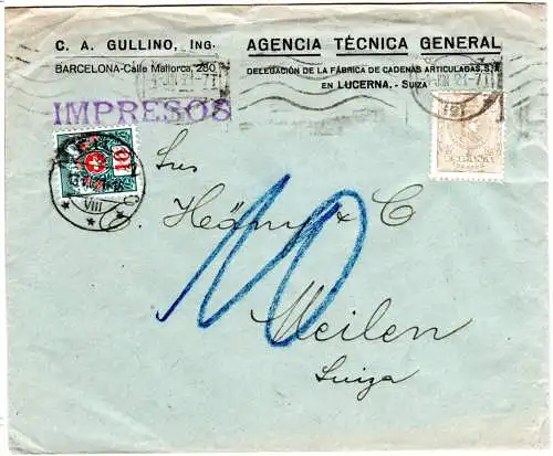 Spanien 1921, 2 C. on Impresos envelope with 10 C. Switzerland postage due.