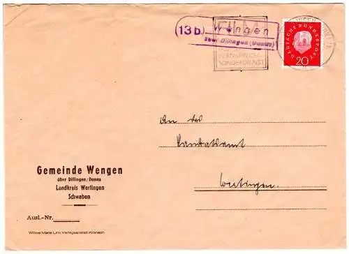 BRD 1961, Landpost Stpl. 13b WENGEN über Dillingen (Donau) auf Brief m. 20 Pf