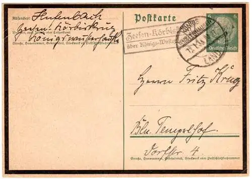 DR 1935, Landpost Stpl. ZEESSEN-KÖRBISKRUG über Königs-Wusterhausen auf 6 Pf. Ga