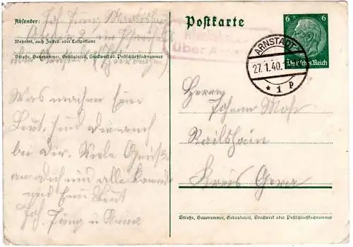 DR 1940, Landpost Stpl. MARLISHAUSEN über Arnstadt auf 6 Pf. Ganzsache