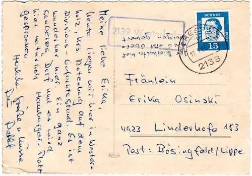 BRD 1963, Landpost Stpl. 2139 WESTERHOLZ auf Karte m. 15 Pf. u. Stpl. Scheessel