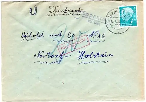 BRD 1958, Landpost Stpl. 22b EPPENROD üb. Diez auf Ducksache Brief m.Nachgebühr 