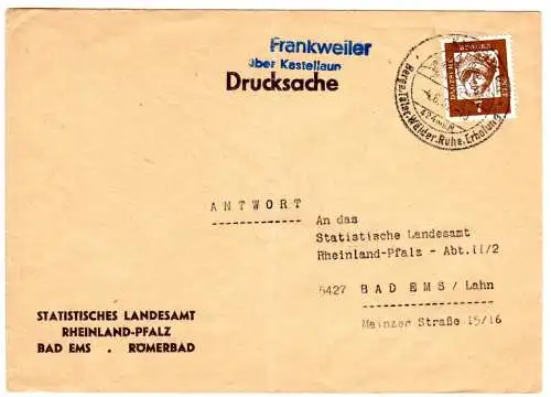 BRD 1962, aptierter Landpost Stpl. 22b FRANKWEILER üb. Kastellaun auf Drucksache