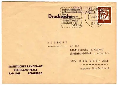 BRD 1962, Landpost Stpl. DAHLEN über Montabaur auf Drucksache m. 7 Pf.