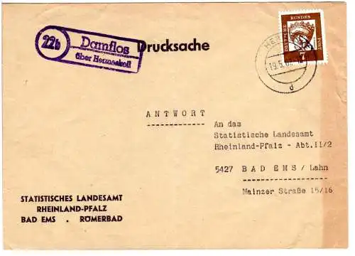 BRD 1962, Landpost Stpl. 22b DAMFLOS über Hermeskeil auf Drucksache m. 7 Pf.