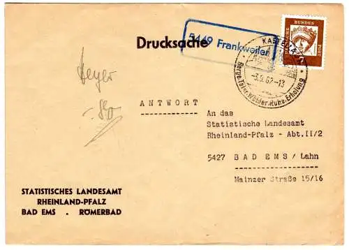 BRD 1962, Landpost Stpl. 5449 FRANKWEILER auf Drucksache m. 7 Pf. ab Kastellaun