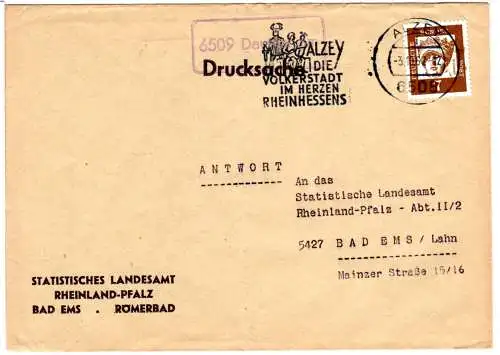 BRD 1962, Landpost Stpl. 6509 DAUTENHEIM auf Drucksache m. 7 Pf. m. Stpl. Alzey