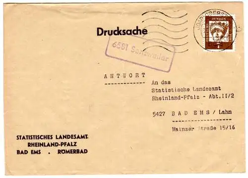 BRD 1962, Landpost Stpl. 6581 SENSWEILER auf Drucksache m. 7 Pf. 