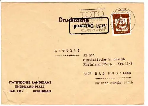 BRD 1962, Landpost Stpl. 5451 DATZEROTH auf Drucksache m. 7 Pf. ab Neuwied