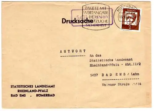 BRD 1962, Landpost Stpl. 5431 DAHLEN auf Drucksache m. 7 Pf. ab Montabaur