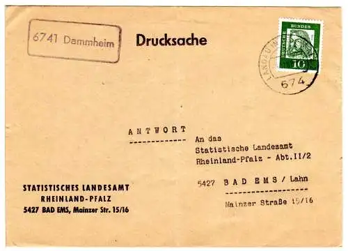 BRD 1962, Landpost Stpl. 6741 DAMMHEIM auf Drucksache m. 7 Pf. ab Landau Pfalz