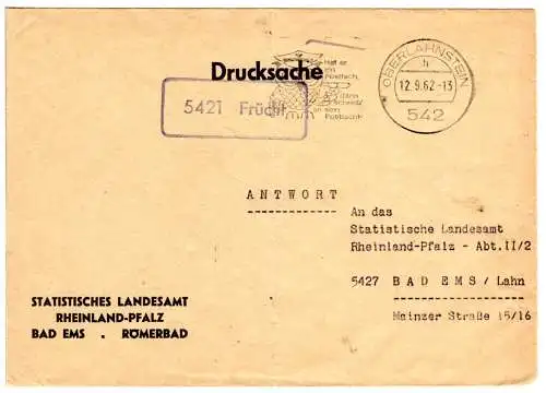 BRD 1962, Landpost Stpl. 5421 FRÜCHT auf Drucksache m. Stpl. Oberlahnstein