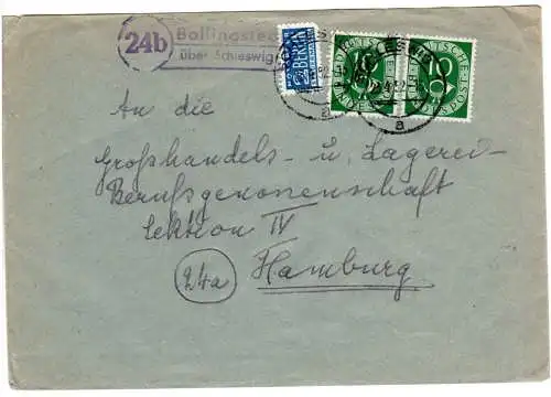 BRD 1952, Landpost Stpl. 24b BOLLINGSTEDT über Schleswig auf Brief m. 2x10 Pf. 