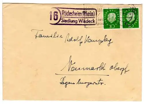 BRD 1960, Landpost Stpl. 16 RÜDESHEIM Siedlung Windeck auf Brief m. 2x10 Pf. 