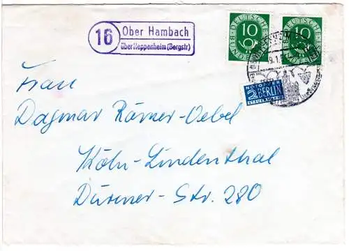 BRD 1954, Landpost Stpl. 16 OBER HAMBACH über Heppenheim auf Brief m. 2x10 Pf. 