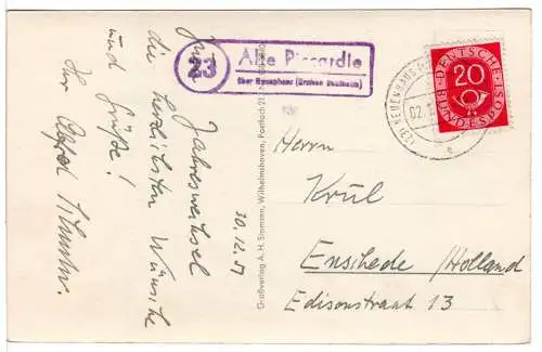 BRD 1952, Landpost Stpl. 23 ALTE PICCARDIE über Neuenhaus auf Karte m. 20 Pf. 