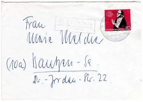 BRD 1959, Landpost Stpl. 13a BÄRNFELS über Pegnitz auf Brief m. 20 Pf. 