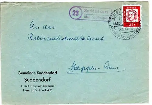 BRD 1961, Landpost Stpl. 23 SUDDENDORF über Salzbergen auf Brief m. 20 Pf. 