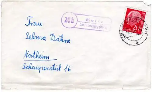 BRD 1959, Landpost Stpl. 20b MARKE über Herzberg (Harz) auf Brief m. 20 Pf. 