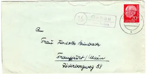 BRD 1956, Landpost Stpl. 16 GEHAU über Bebra auf Brief m. 20 Pf. 