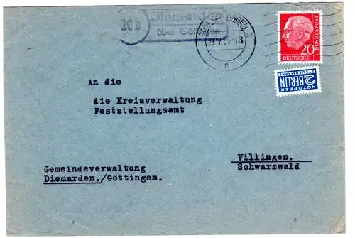 BRD 1955, Landpost Stpl. 20b DIEMARDEN über Göttingen auf Brief m. 20 Pf. 